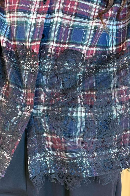 Zeta Otto Brushed Cotton Boxy Plaid Lace Blouse /8=